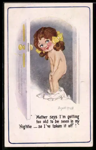 Künstler-AK Donald McGill: Kind mit gelben Schleifen im Haar hinter einer Tür