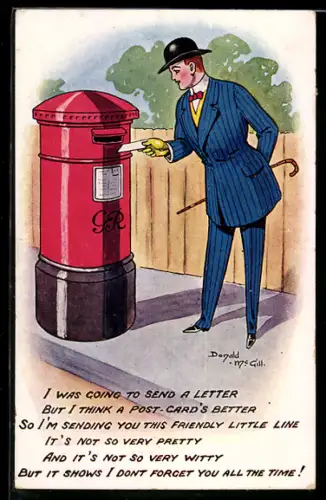 Künstler-AK Donald McGill: Eleganter Herr mit Gehstock wirft einen Brief in den Postkasten