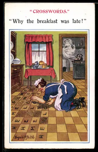 Künstler-AK Fred Spurgin: Dienstmagd füllt Kreuzworträtsel auf Fussboden aus, Why the breakfast was late, Spiel