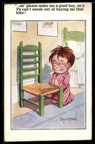 Künstler-AK Donald McGill: Kind betet auf Knien an einem Stuhl
