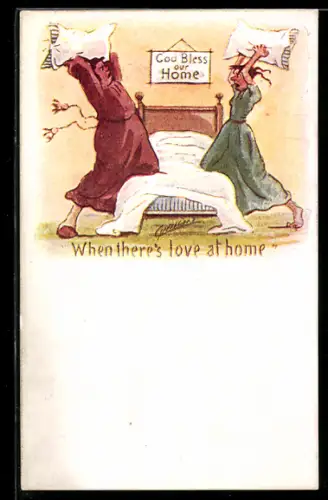 Künstler-AK Cynicus: Ehepaar bei einer Kissenschlacht