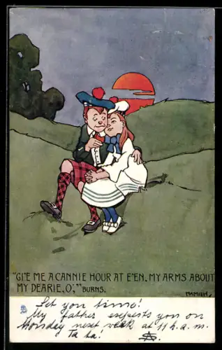 Künstler-AK Hamish: Junge mit Kilt hält ein Mädchen während des Sonnenuntergangs im Arm