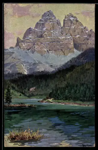 Künstler-AK Rudolf Alfred Höger: Misurinasee, Blick vom See auf die Drei Zinnen