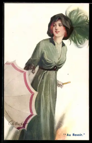 Künstler-AK Court Barber: Au revoir, Auf Wiedersehen, Portrait einer jungen Frau mit Schirm