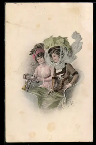 Künstler-AK Kränzle: Zwei hübsche Frauen beim Autofahren