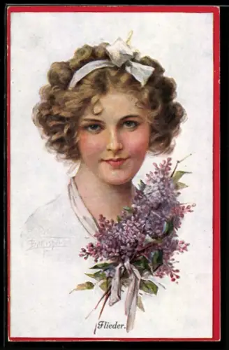Künstler-AK Ludwig Fromme: Schönes Mädchen mit einem Fliederstrauss