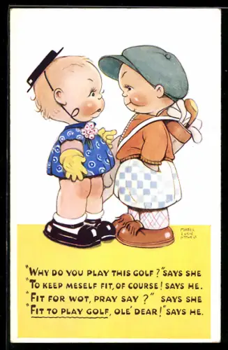 Künstler-AK Mabel Lucie Attwell: Zwei Kinder, eines mit Golfschlägern, stehen voreinander