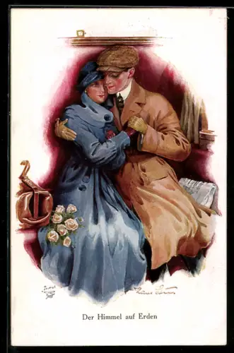 Künstler-AK Hans Leu: Elegantes Paar während einer Zugfahrt