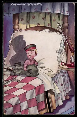 AK Kleiner Junge näht seine Uniform im Bett, Kinder Kriegspropaganda