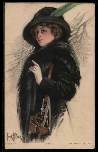 Künstler-AK Frank H. Desch: Schöne Frau mit umgehängten Schlittschuhen