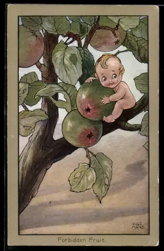 Künstler-AK H. G. C. Marsh-Lambert: Winziges Kind sitzt in einem Apfelbaum