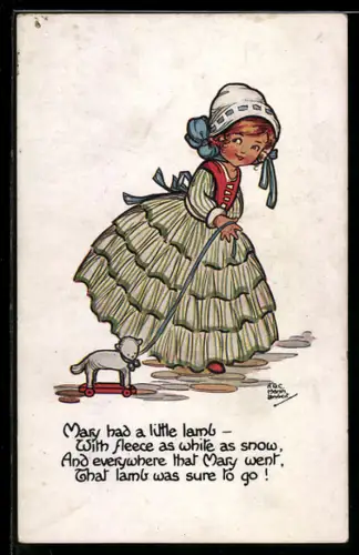 Künstler-AK Mabel Lucie Attwell: Lächelndes Mädchen mit Hundespielzeug auf Rädern