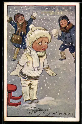 Künstler-AK Bertha Czegka: Kind fürchtet sich vor Schneebällen