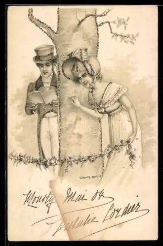 Künstler-AK Ludwig Rauh: Paar mit Blumengirlande steht an einem Baum