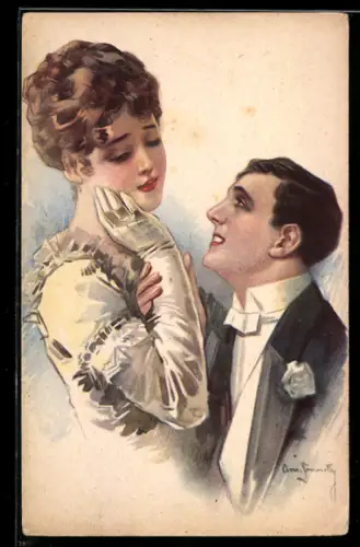 Künstler-AK Amedeo Momo Simonetti: Elegantes Paar im Frack und Kleid steht beieinander