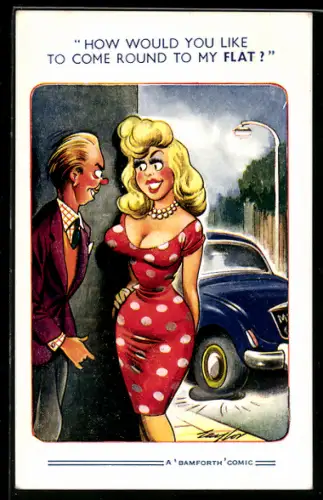 Künstler-AK Arnold Taylor: Attraktive Frau im gepunkteten Kleid steht vor einem Mann