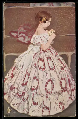 Künstler-AK Frank H. Desch: Junges Kind im Kleid, Kind in der Krenoline