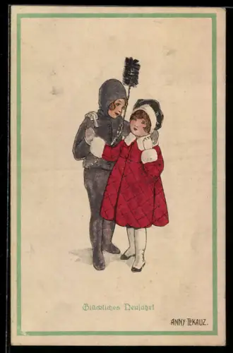 Künstler-AK Anny Tekauz: Knabe mit Schornsteinfeger-Bürste nimmt kleines Mädchen in den Arm
