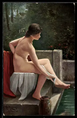 Künstler-AK Max Kuglmayr: Schöne unbekleidete Frau beim Abtrocknen