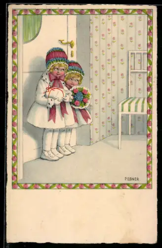 Künstler-AK Pauli Ebner: Mädchen mit Blumenstrauss u. Geschenk, Namenstag