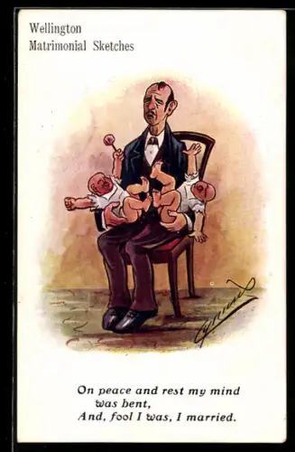 Künstler-AK Cynicus: Eleganter Herr mit zwei schreienden Neugeborenen auf dem Schoss