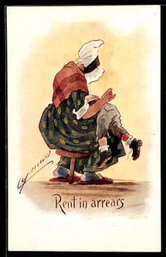 Künstler-AK Cynicus: Frau näht die Hose ihres Sohns