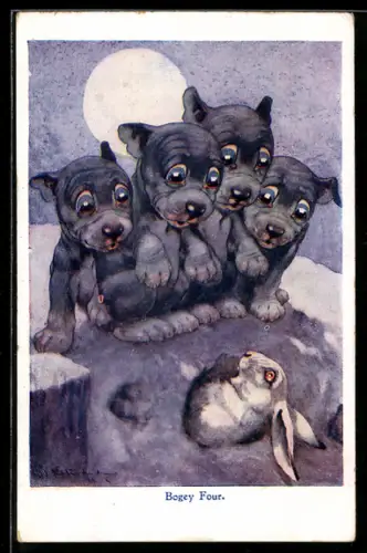 Künstler-AK George Ernest Studdy: Vier Hunde treffen auf einen Hasen