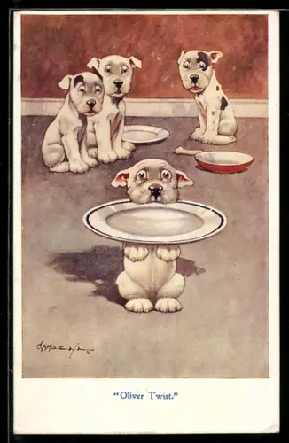 Künstler-AK George Ernest Studdy: Hungrige Hunde mit leeren Tellern und Schüsseln