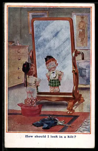Künstler-AK T. Gilson: Junge stellt sich vor dem Spiegel im Kilt vor