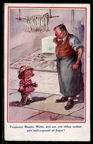 Künstler-AK T. Gilson: Mädchen spricht mit einem Fischverkäufer