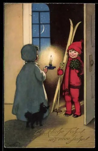 Künstler-AK F.Baumgarten: Mädchen m. Skiern besucht ihre Freundin bei Nacht