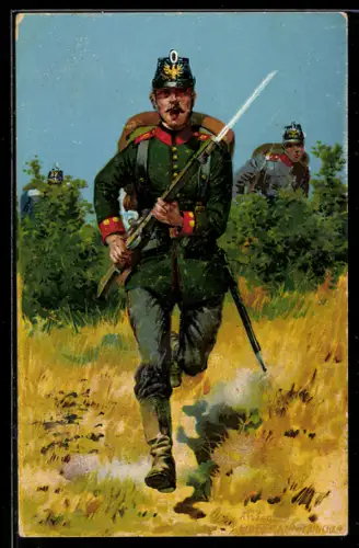 Künstler-AK Anton Hoffmann - München: Soldaten in Uniform mit Gewehr im Angriff