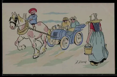 Künstler-AK Xavier Sager: Auto wird von einem Pferd durch die Gegend gezogen