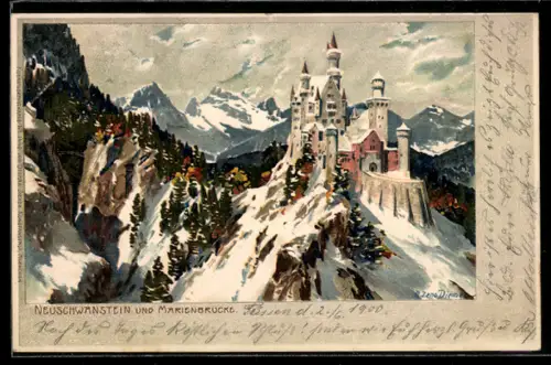 Künstler-Lithographie Zeno Diemer: Hohenschwangau, Schloss Neuschwanstein u. Marienbrücke im Winter