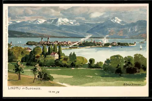 Künstler-AK Zeno Diemer: Lindau / Bodensee, Panoramablick auf Insel und Alpen