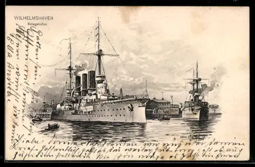 Künstler-AK Eugen Felle: Wilhelmshaven, Kriegsschiffe im Hafen