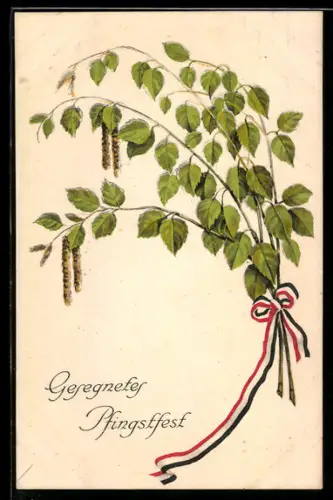 AK Birkenzweig mit Schleife in Reichsfarben, Pfingsten