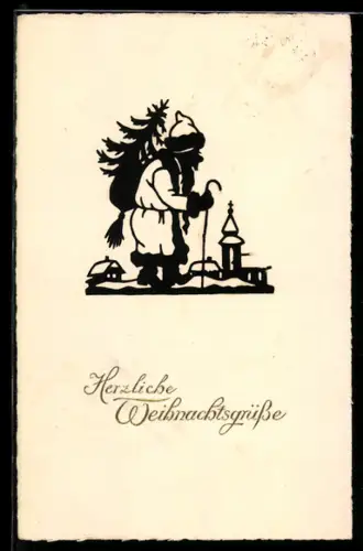 AK Weihnachtsgrüsse, Weihnachtsmann-Silhouette im Dorf