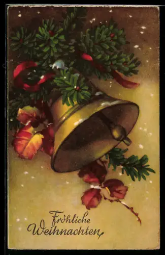 AK Läutende Glocke mit Tannenzweig, Weihnachten