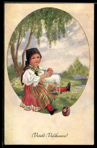 AK Kind mit Lamm und Ostereiern auf einer Wiese