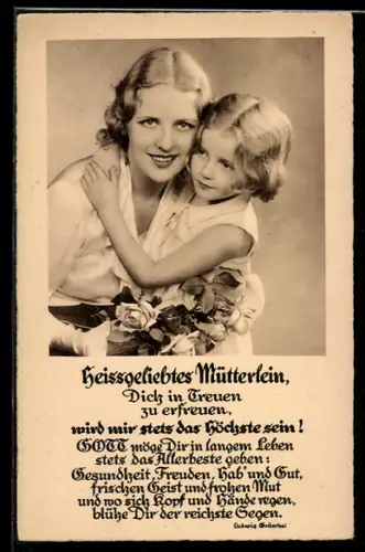 AK Mutter mit ihrer Tochter, Gedicht von Ludwig Grünthal, Muttertag