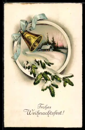 AK Glocke mit Schleife und verschneitem Haus, Weihnachten