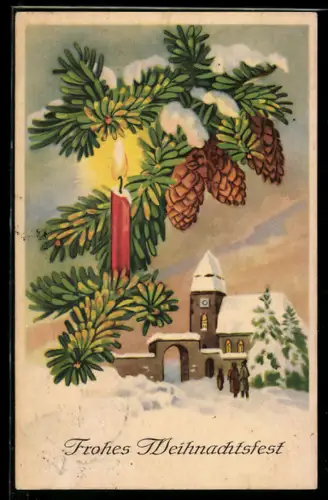 AK Kirche im Schnee, Tannenzweig mit Kerze, Weihnachten