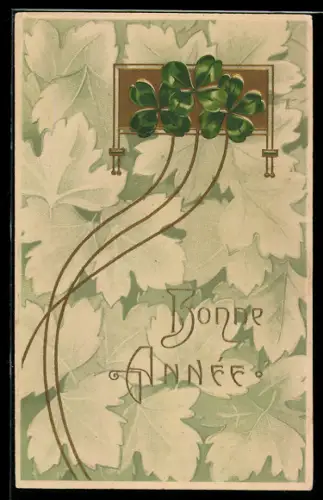 Präge-AK Kleeblätter auf grünem Hintergrund, Neujahr