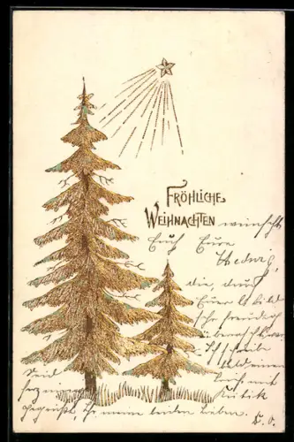 AK Goldene Tannenbäume unter dem Weihnachtsstern