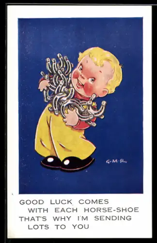 Künstler-AK Kind mit vielen Hufeisen in den Armen