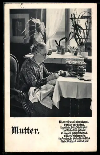 AK Mutter strickt am Tisch, Muttertag