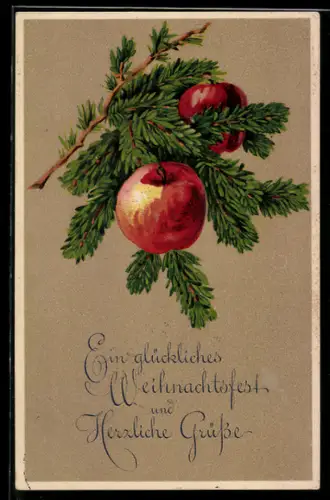 AK Tannenzweig mit Äpfeln, Weihnachten