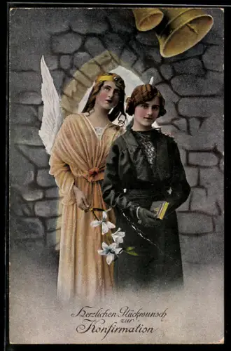 AK Engel mit einem Mädchen zur Konfirmation