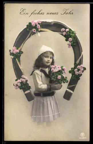 AK Mädchen mit Blumen und Hufeisen zum neuen Jahr